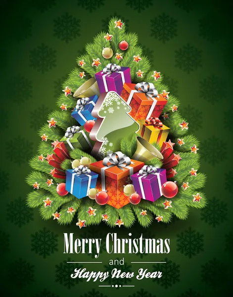 Vector Kerstmis illustratie met magische boom en vakantie elementen op een achtergrond met sneeuwvlokken — Stockvector