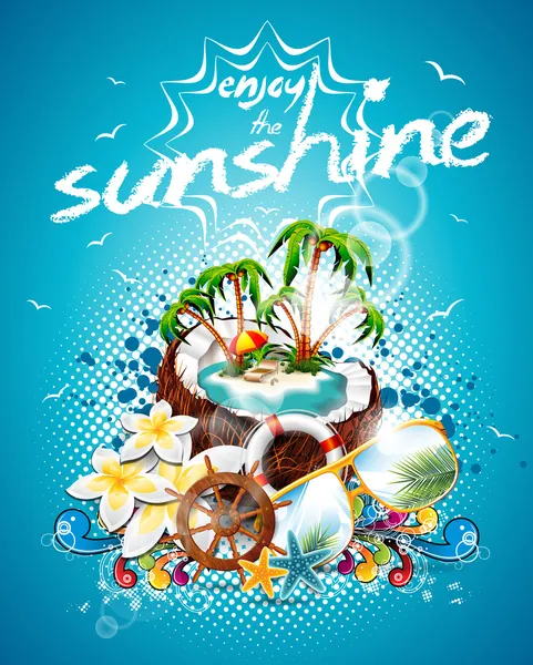 Vektor Sommerurlaub Flyer Design mit Kokosnuss und Paradiesinsel auf blauem Hintergrund. — Stockvektor