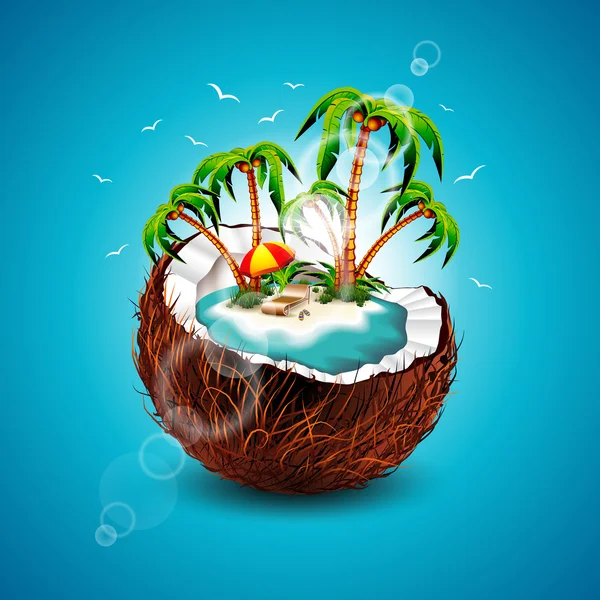 Illustrazione vettoriale su un tema vacanze estive con cocco e spiaggia di palme su sfondo blu . — Vettoriale Stock