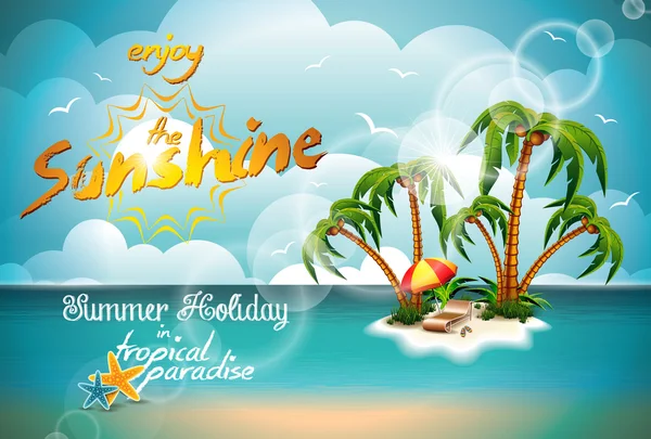 Vector Summer Holiday Design com Paradise Island no fundo do mar azul . — Vetor de Stock