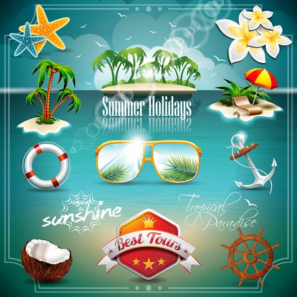 Vector Summer Holiday Icon set on blue sea background. — Stock Vector