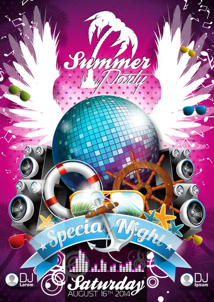 Vektor Sommer Beach Party Flyer Design mit Discokugel und Versand-Elementen auf tropischem Hintergrund. — Stockvektor