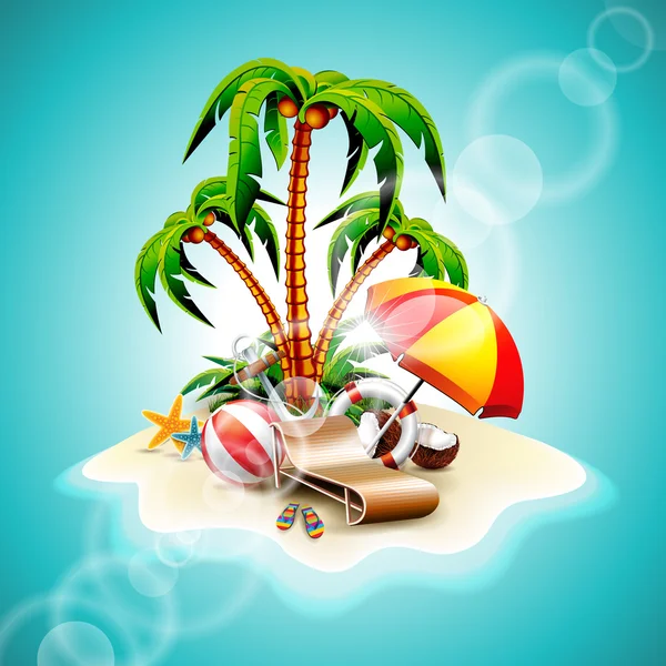 夏のベクター チラシ デザインは、青い背景にココナッツとパラダイス島の休日. — ストックベクタ