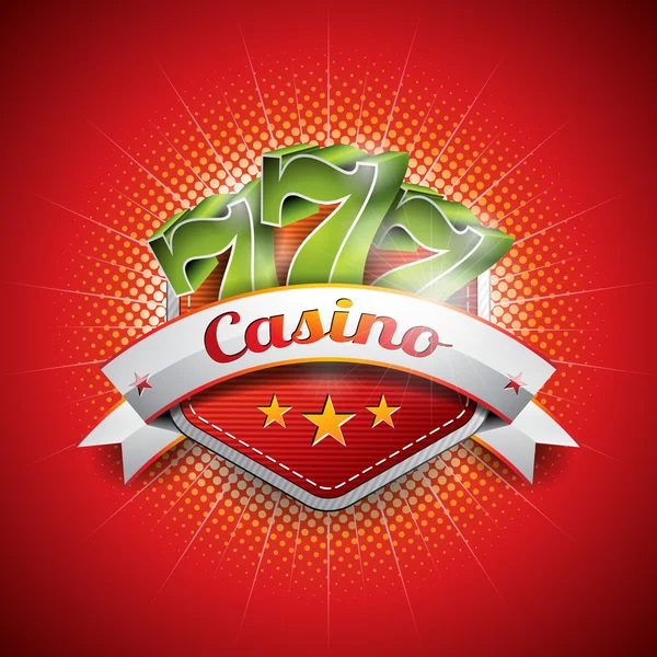 Vector illustration on a casino theme with seven symbols and ribbon on red background. — Stock Vector