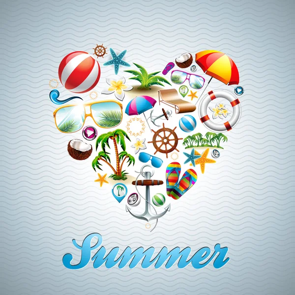 Vector Love Heart Summer Holiday design set on wave background. — Stock Vector