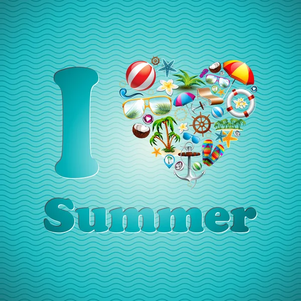 矢量爱的心夏季假日设计上蓝色波浪背景设置. — 图库矢量图片