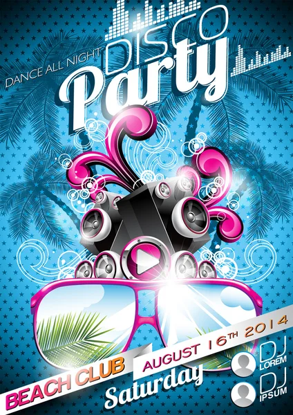 Vector Disco Party Flyer Design avec haut-parleurs et lunettes de soleil sur fond bleu — Image vectorielle