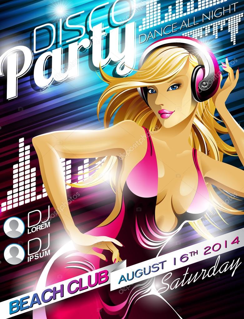 Vector Disco Party Flyer Design with sexy girl