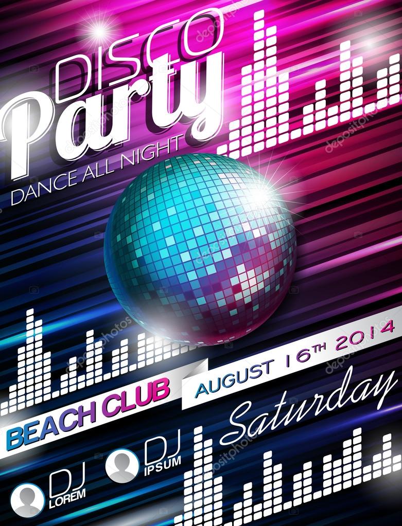 Vector Disco Party Flyer Design with disco ball on shiny background
