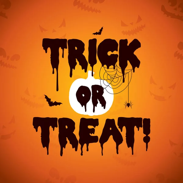 Trick or Treat Halloween Illustration with Spooky Pumpkin Sihouette, Flying Bats and Spider on Orange Background (em inglês). Modelo do projeto do feriado do vetor com letra da tipografia para o cartão de saudação, folheto — Vetor de Stock