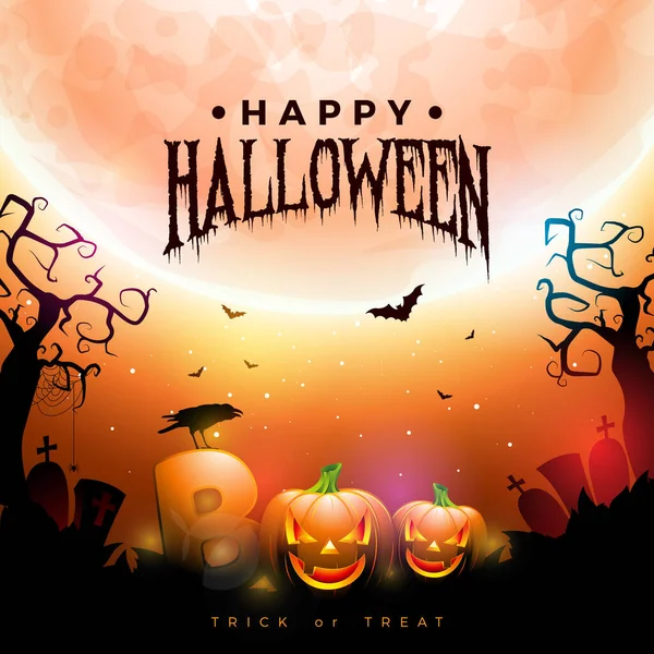 Boldog Halloween illusztrációt kísérteties sütőtök, repülő denevérek és varjú a vörös éjszakai égbolt háttér holddal. Vector Holiday Design Sablon tipográfia Lettering és temető üdvözlőkártya — Stock Vector