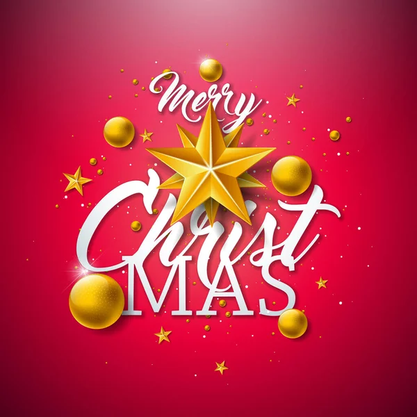 Mutlu Noeller ve Altın Cam Top, Yıldız ve Kırmızı Arkaplanda Typography Elements ile Mutlu Yeni Yıl Resimleri. Vector Tatil Sezonu Kutlama Kartı, Parti Davetiyesi veya Tanıtım Sancağı Tasarımı. — Stok Vektör