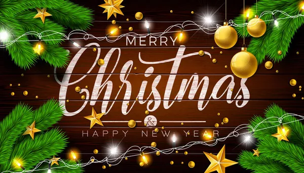メリークリスマスとゴールドスターと幸せな新年のイラスト,ヴィンテージの松の枝とライトガーランド,木の背景.グリーティングカード、パーティー招待のためのベクトルホリデーシーズンお祝いデザイン — ストックベクタ