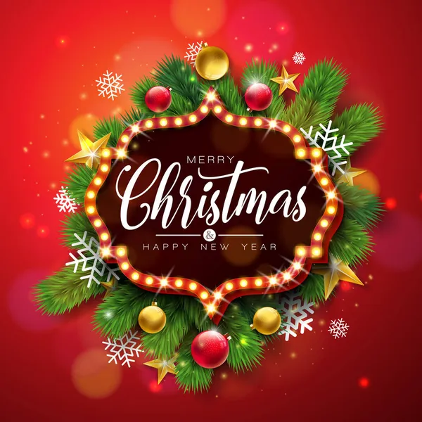 Mutlu Noeller ve Mutlu Yeni Yıl İllüstrasyonları Işık Tabelalarında Typography Letter, Kırmızı Arkaplanda Glass Ball ve Pine Branch. Kutlama Kartı, Parti Davetiyesi için Vektör Tatil Tasarımı — Stok Vektör