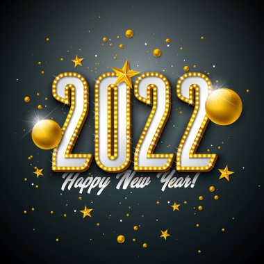 3d ampul tipografisi ve siyah arka planda noel balosuyla 2022 mutlu yıllar. Vektör Tatil Tasarımı ile Parlak Işıklar Uçuyor, Tebrik Kartı, Bayrak