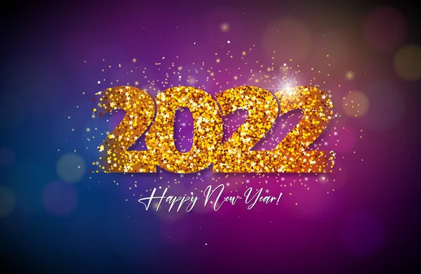 2022 Happy New Year Illustration mit glänzender Goldzahl und auf dunklem Hintergrund. Vector Holiday Celebration Design für Flyer, Grußkarten, Banner, Poster, Party-Einladungen oder Kalender. — Stockvektor