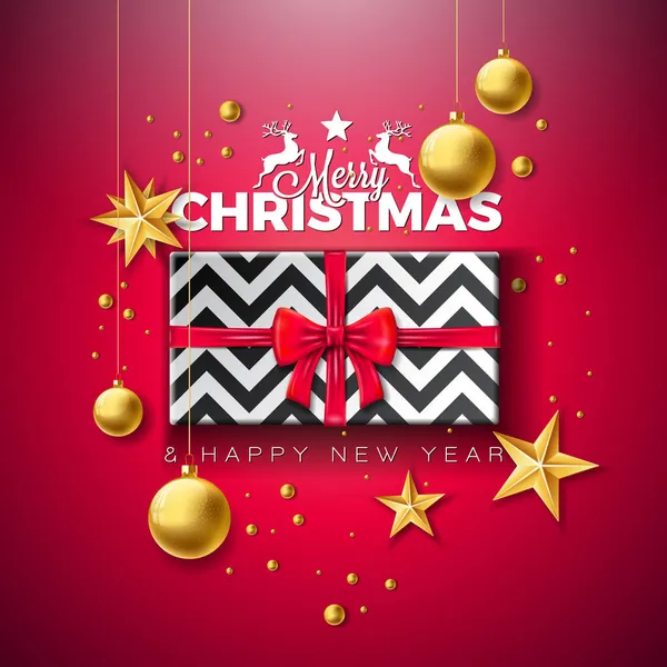 圣诞快乐，新年快乐，礼物盒，金玻璃球，星星和字体元素的红色背景。传单、贺卡、横幅、庆祝会的病媒假日设计 — 图库矢量图片