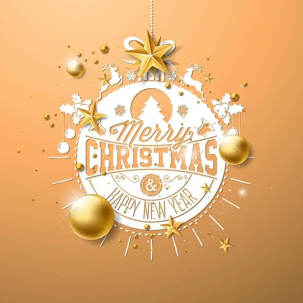 Frohe Weihnachten und ein gutes neues Jahr Illustration mit Gold Glaskugel, Stern und Typografie Elemente auf beigem Hintergrund. Vector Weihnachtsdesign für Grußkarte, Party-Einladung oder Werbebanner — Stockvektor