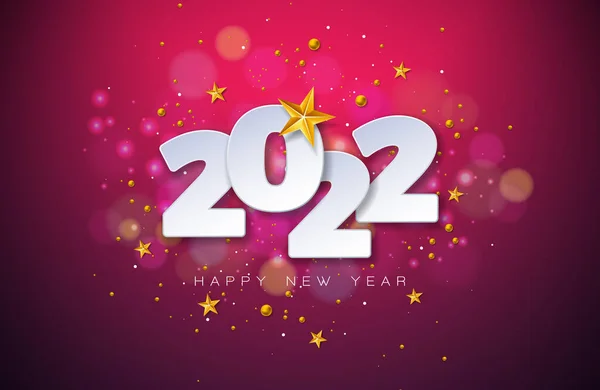 2022 년 Happy New Year Illustration with White Cutout Number on Colorful Shiny Background. Vector Christmas Holiday Season Design for Flyer, Greeting Card, Banner, Celebration Poster, Party Invitation or — 스톡 벡터