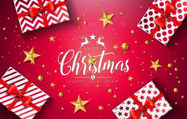 Frohe Weihnachten und ein glückliches neues Jahr Illustration mit Geschenkbox, Gold Glaskugel, Stern und Typografie Elemente auf rotem Hintergrund. Vector Holiday Design für Flyer, Grußkarte, Banner, Feier — Stockvektor
