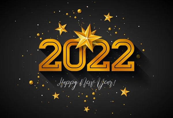 Feliz Año Nuevo 2022 Ilustración con Número y Estrella de Oro sobre Fondo Negro. Diseño de temporada navideña vectorial para volante, tarjeta de felicitación, pancarta, cartel de celebración, invitación a la fiesta o — Archivo Imágenes Vectoriales