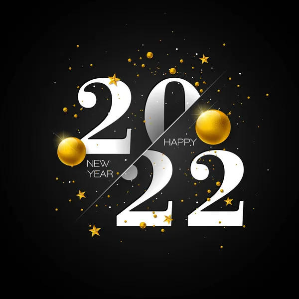 Gelukkig Nieuwjaar 2022 Illustratie met typografie Lettering en Kerstbal op zwarte achtergrond. Vector Kerstvakantie Seizoen Ontwerp voor Flyer, Wenskaart, Banner, Feestposter, Feest — Stockvector