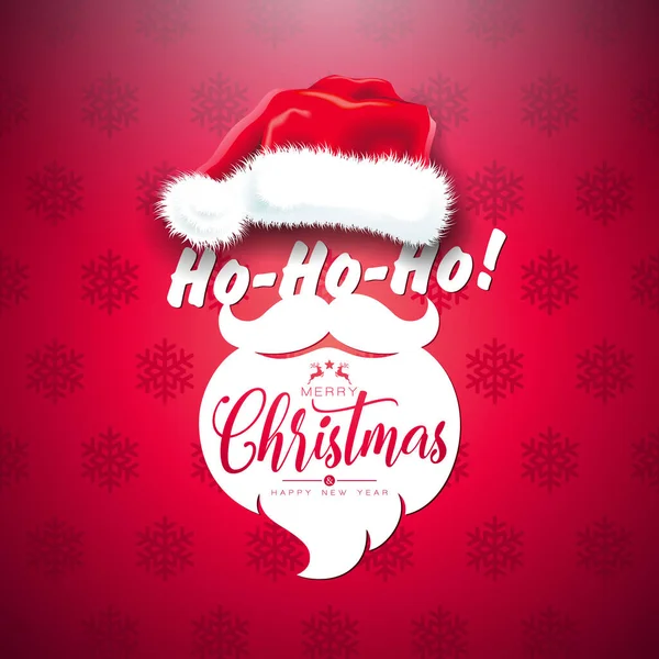 Ho ho ho Καλά Χριστούγεννα και Ευτυχισμένο το Νέο Έτος Εικονογράφηση με Σάντα καπέλο, γενειάδα και τυπογραφία Στοιχεία σχετικά με την κόκκινη νιφάδα μοτίβο φόντο. Vector Holiday Design για Flyer, Ευχετήρια κάρτα, Banner — Διανυσματικό Αρχείο