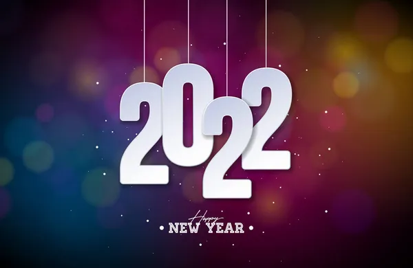 2022 년 Happy New Year Illustration with White Cutout Number on Colorful Shiny Background. Vector Christmas Holiday Season Design for Flyer, Greeting Card, Banner, Celebration Poster, Party Invitation or — 스톡 벡터