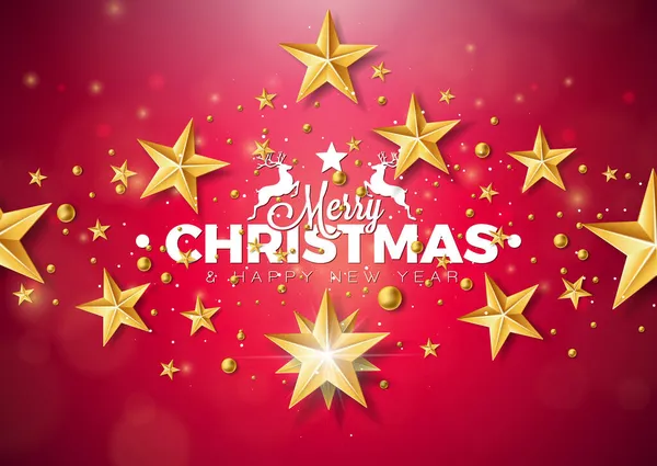 Frohe Weihnachten und ein glückliches neues Jahr Illustration mit Gold Glaskugel, Stern und Typografie Elemente auf leuchtend rotem Hintergrund. Vector Weihnachtsdesign für Grußkarte, Party-Einladung oder Promo — Stockvektor