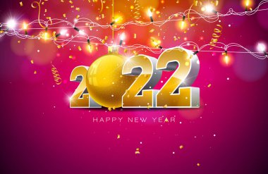3D Altın Numarası, Noel Balosu ve Parlak Violet Arkaplan 'da Işıklar Çelengi ile 2022 Mutlu Yıllar. Vektör Noel Tatil Sezonu Uçan, Kutlama Kartı, Bayrak, Kutlama Tasarımı