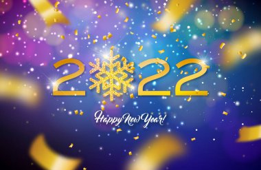 Parlak Altın Numaralı 2022 Mutlu Yıllar, Parlayan Kar Tanesi ve Düşen Konfeti Bulanık Mavi Arkaplanda. Vektör Noel Tatil Sezonu Uçan, Kutlama Kartı, Bayrak Tasarımı