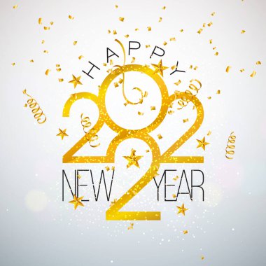 Parlak Altın Numaralı 2022 Mutlu Yıllar, Fallinbg Konfeti ve Serpentine ve Beyaz Arkaplanda. Flyer, Tebrik Kartı, Afiş, Poster, Parti için Vektör Tatil Tasarımı