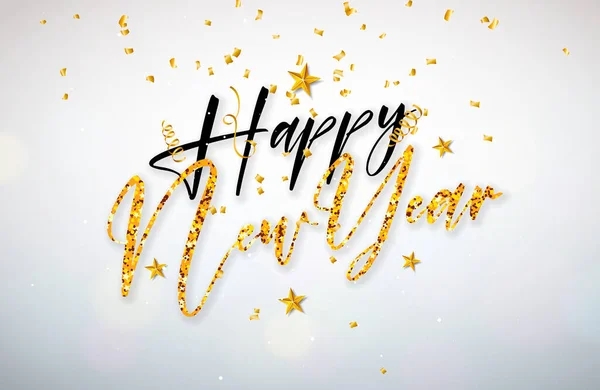 2022年新年あけましておめでとうございます。白地に光沢のある金文字でイラストを書きました。フライヤー、グリーティングカード、バナー、ポスター、パーティー招待状またはベクトル休日のお祝いのデザイン — ストックベクタ