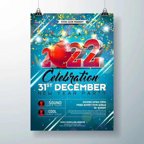 2022 New Year Party Celebration Plakát šablona ilustrace s 3D číslo a padající barevné Confetti na modrém pozadí. Oznámení o pozvánce - vektorové svátky nebo promo prospekt. — Stockový vektor