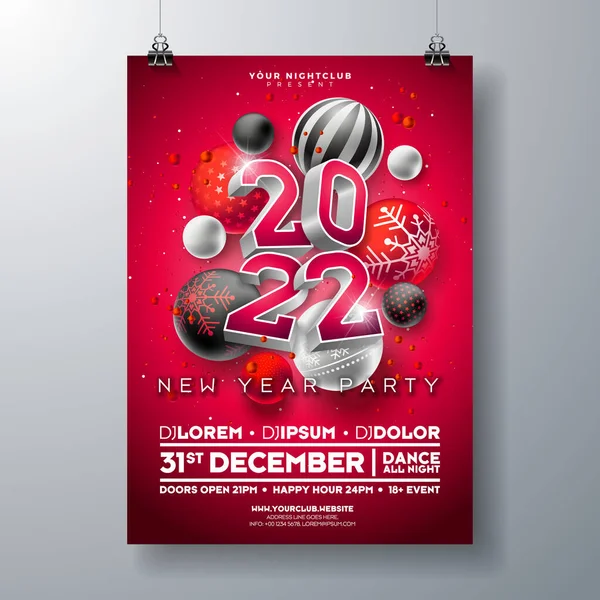 新年晚会庆祝海报模板插图 3d 2019年数字和圣诞球在黑色背景。矢量假日高级邀请传单或促销横幅. — 图库矢量图片