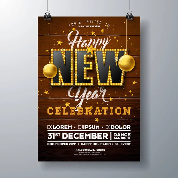 2022 Nieuwjaarsfeest Feest Poster Sjabloon Illustratie met lichtjes Lampenbrief en gouden kerstbal op Vintage Wood achtergrond. Vector Vakantie Premium Uitnodiging Flyer of Promo Banner. — Stockvector