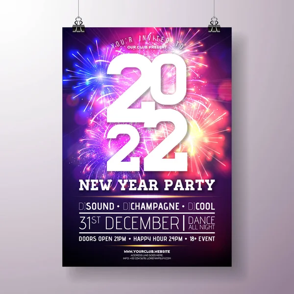 2022 Festa di Capodanno Manifesto Illustrazione con disegno tipografico e fuochi d'artificio su sfondo colorato lucido. Vector Holiday Premium Invitation Flyer Template o Banner promozionale. — Vettoriale Stock