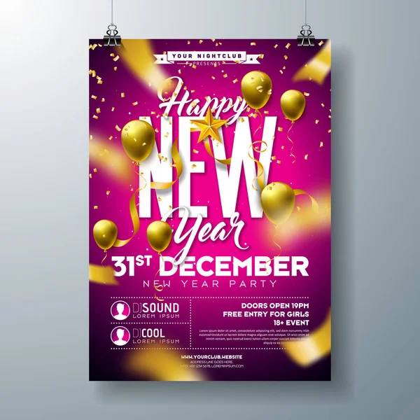 2022 Nieuwjaarsfeest Feest Poster Sjabloon illustratie met 3d Aantal en Vallende Kleurrijke Confetti op Blauwe Achtergrond. Vector Vakantie Premium Uitnodiging Flyer of Promo Banner. — Stockvector