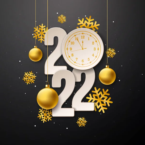 С Новым 2022 годом, Номер, Часы, Снежное озеро и Орнитологический стеклянный шар на темном фоне. Векторный Рождественский дизайн сезона для флаера, Открытки, Знамя, Праздничный плакат — стоковый вектор