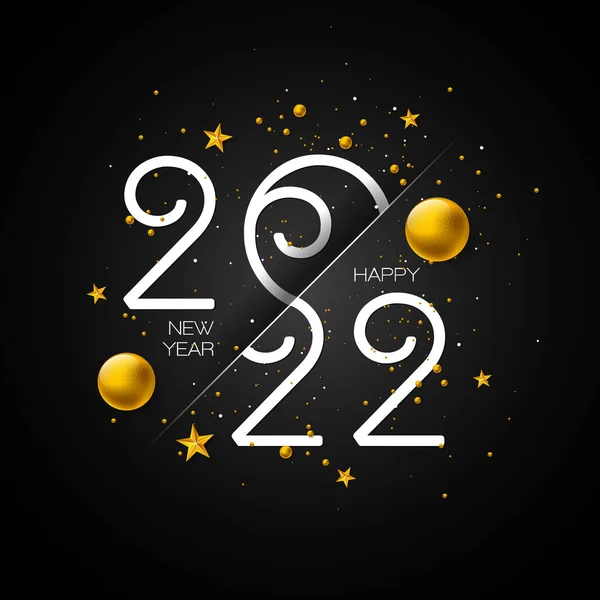 Feliz Año Nuevo 2022 Ilustración con número de tipografía, estrella dorada y bola ornamental de Navidad sobre fondo negro. Diseño de temporada navideña vectorial para volante, tarjeta de felicitación, pancarta — Archivo Imágenes Vectoriales