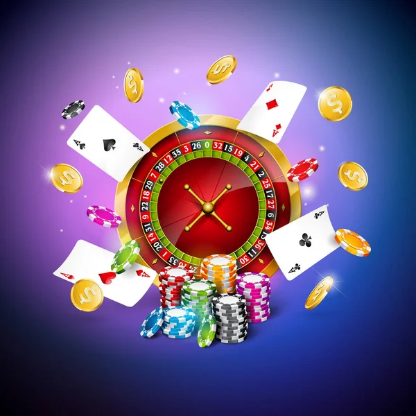 Vector Illustration on a Casino Theme with Roulette Wheel, Falling Poker Cards, Gold Coin and Playing Chips on Dark Colorful Background. Gambling Design for Greeting Card, Poster, Invitation or Promo — 图库矢量图片