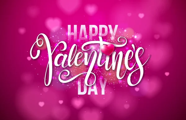 赤い背景にタイポグラフィの手紙とハートで幸せなバレンタインデーのデザイン。フライヤー、グリーティングカード、バナー、ホリデーポスターやパーティーのためのベクトル結婚式とロマンチックな愛バレンタインテーマイラスト — ストックベクタ