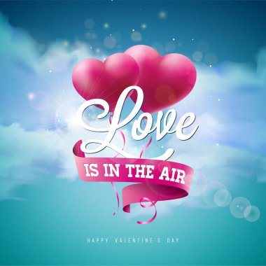 Seni seviyorum. Kırmızı Balon Yürekli Sevgililer Günü Tasarımı ve Bulutlu Gökyüzü Arkaplanındaki Typography Letter. Flyer için Vector Düğün ve Romantik Sevgililer Günü İllüstrasyonu, Tema Kartı, Banner