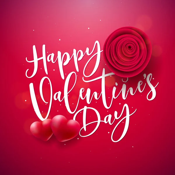 Happy Valentines Day Design with Heart, Roses Flower and Handwriting Typography Letter on Red Background. Vector Love, Wedding and Romantic Valentine Theme Illustration for Flyer, Greeting Card — Archivo Imágenes Vectoriales