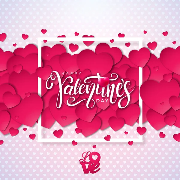 Happy Valentines Day Design with Heart and Typography List on Red Pattern Background. Wektor Ślub i miłość romantyczna Valentine Theme Ilustracja ulotki, Karta okolicznościowa, Baner, Plakat wakacyjny — Wektor stockowy