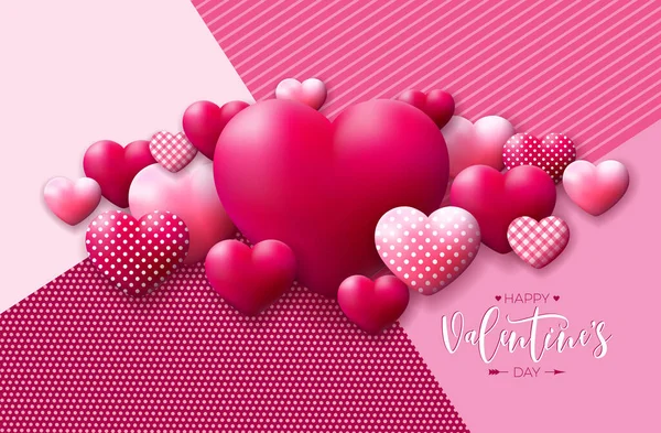 Happy Valentines Day Design avec motif rouge et blanc Coeur et typographie Lettre sur fond rose abstrait. Mariage vectoriel et amour romantique Illustration de thème de Saint Valentin pour Flyer, Carte de voeux — Image vectorielle