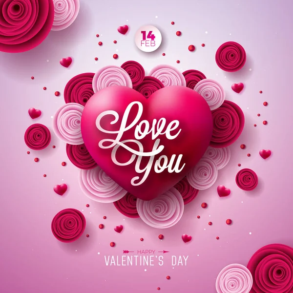 Sevgililer günün kutlu olsun. Sevgiler Mektubu, Gül Çiçeği ve Kırmızı Kalp Açık Pembe Arkaplanda. Vektör Düğünü ve Romantik Sevgililer Günü Tema İllüstrasyonuName — Stok Vektör