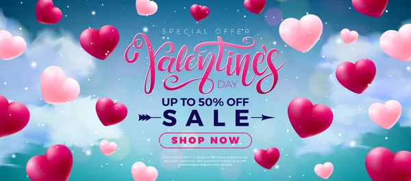 Design di vendita di San Valentino con cuore rosso e bianco su sfondo blu cielo e nuvola. Illustrazione dell'offerta speciale vettoriale per coupon, banner, voucher o poster promozionale. — Vettoriale Stock