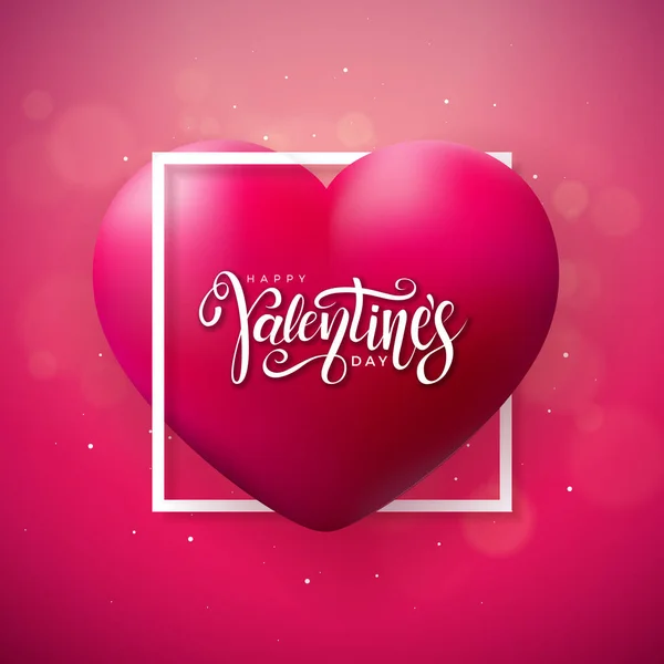 Happy Valentines Day Design with Red Heart, White Frame and Typography List na błyszczącym czerwonym tle. Wektor Ślub i miłość romantyczna Walentynki Ilustracja tematu ulotki, Karta okolicznościowa, Baner — Wektor stockowy