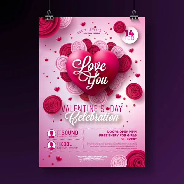 Vector Sevgililer Günü Parti Modeli Love You Letter, Rose Flower ve Red Heart on Light Pembe Arkaplan. Vector Saint Valentine Günü Romantik Aşk Kutlama Tasarımı Uçucu ve Tebrik Kartı — Stok Vektör